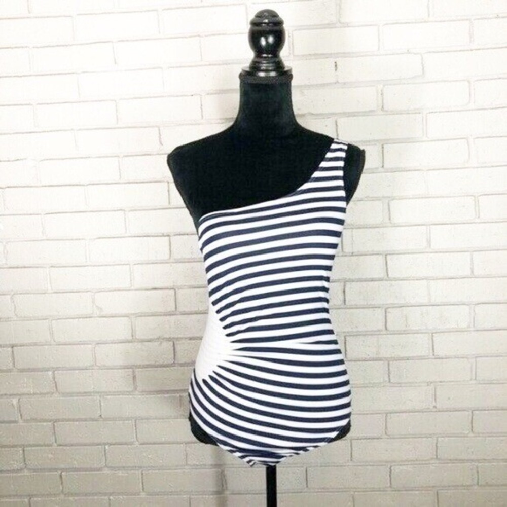 French Connection Navy Striped One Shoulder One Piece Swimsuit Nautical NWT L
